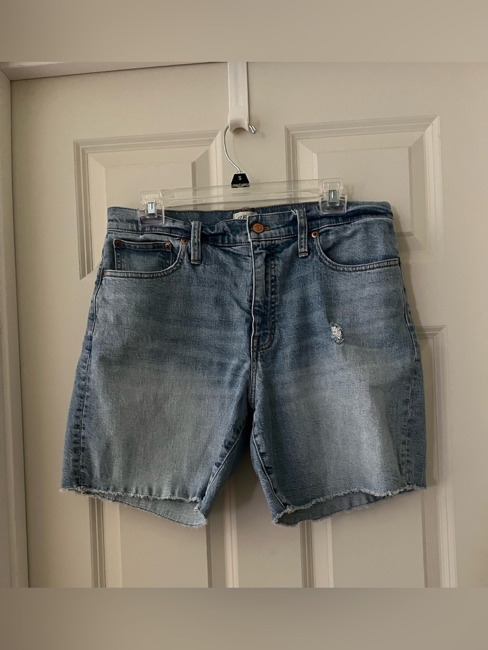 Women's J.Crew mid-length rough hem jean shorts, 30 denim classic distressed